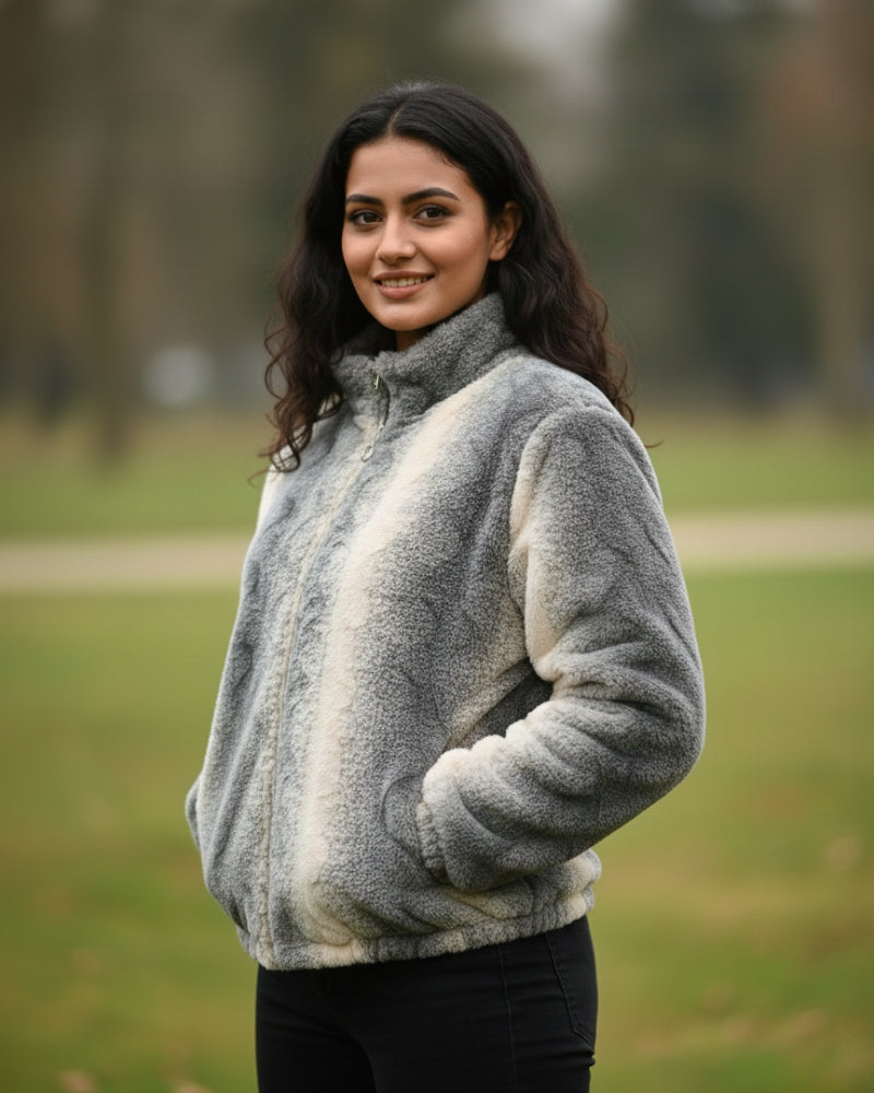 KRITI Women’s Premium Wool Blend Faux Fur Grey Peach Color Winter Jacket