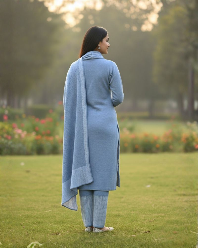 प्रीमियम 3-पीस ऊनी विंटर कुर्ती सेट | बॉटम और स्टोल के साथ बुना हुआ कुर्ता | M-XXL साइज़