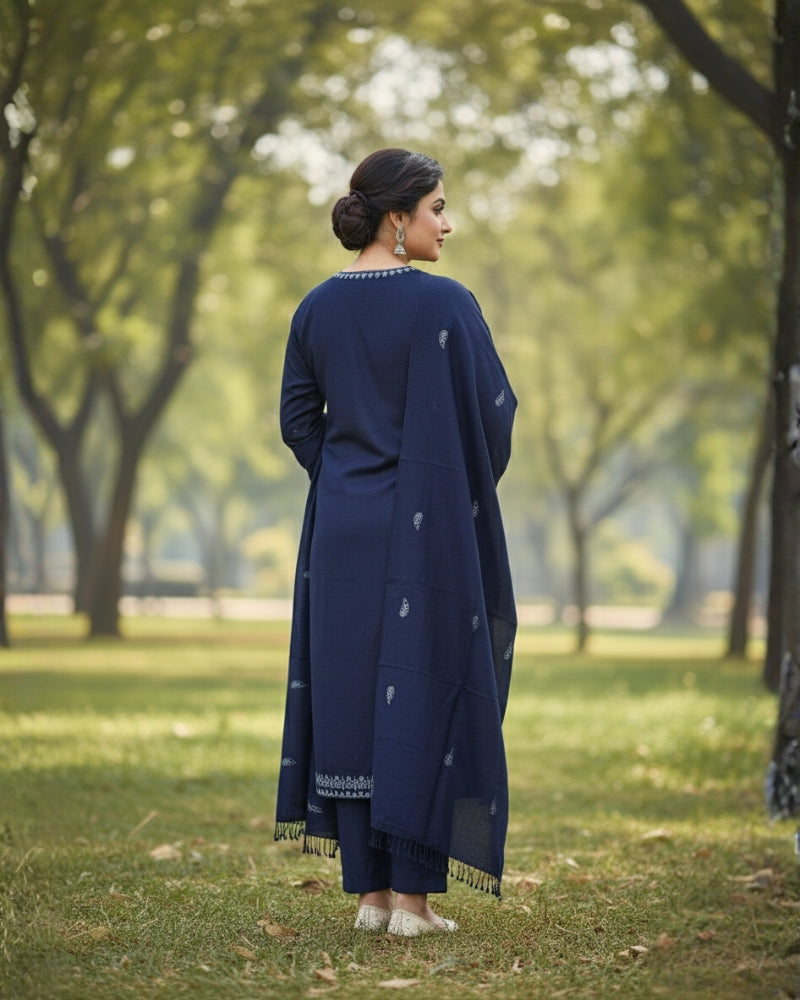 कृति ऊनी कढ़ाईदार सिले सूट नीले रंग में महिलाओं के लिए सर्दियों के लिए