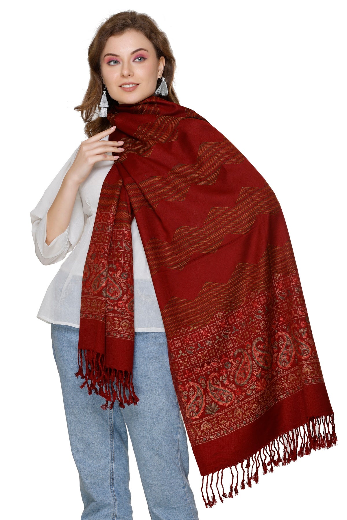 Paisley Designer Woollen Stole - Maroon