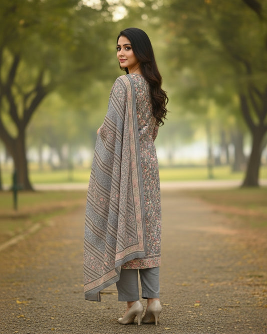 KRITI Winter Woolen Digital Print Stitched Suit Grey Color For Women