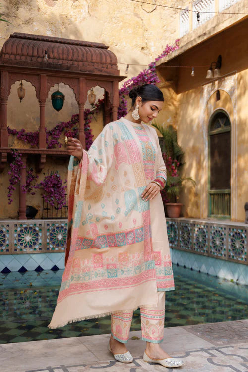 Cotton Silk Collar Pant Suit 3 Pcs- Light Peach