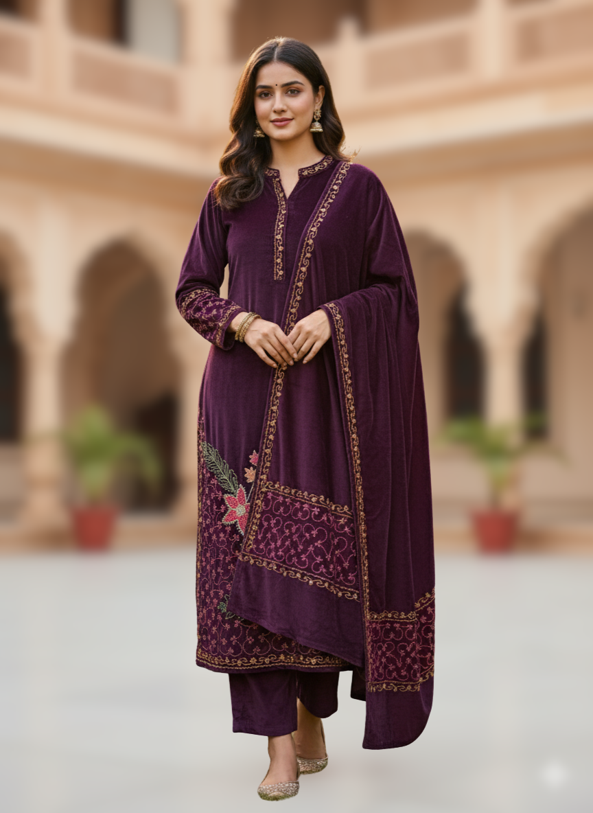 KRITI Winter Velvet 3 Piece Kurti Set Purple Color For Women