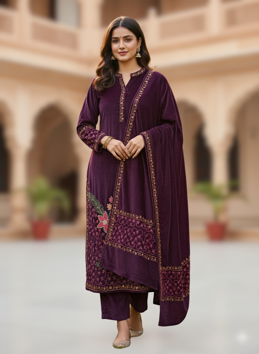 KRITI Winter Velvet 3 Piece Kurti Set Purple Color For Women