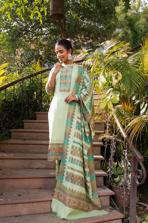 Cotton Silk Collar Pant Suit 3 Pcs- Light Green