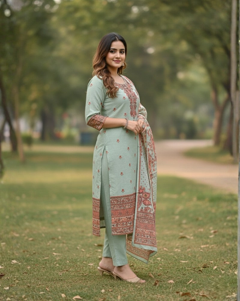 KRITI ऊनी डिजिटल प्रिंट सिले सूट पिस्ता रंग महिलाओं के लिए सर्दियों के लिए