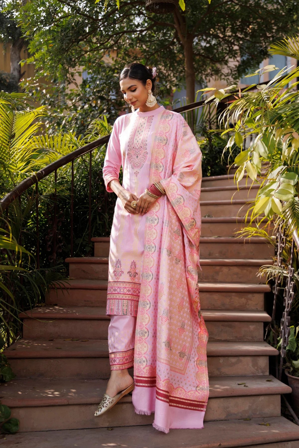 Cotton Silk Collar Pant Suit 3 Pcs- Pink