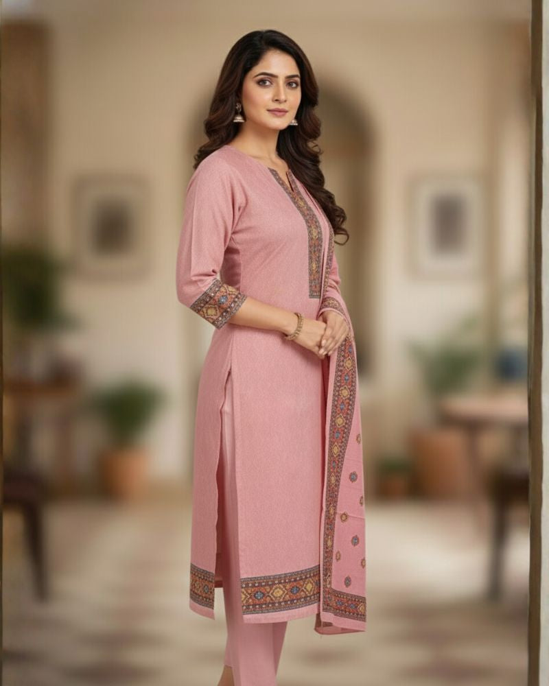 KRITI महिलाओं के लिए डिजिटल प्रिंट ऊनी गुलाबी रंग का अनस्टिच्ड फ़ैब्रिक सूट सेट विंटरवियर 