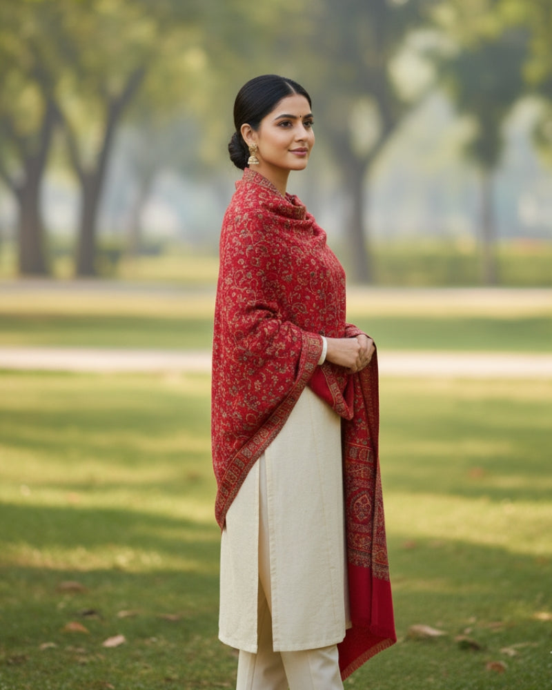 KRITI Floral Design Warm Woolen Maroon Color Shawl for Women