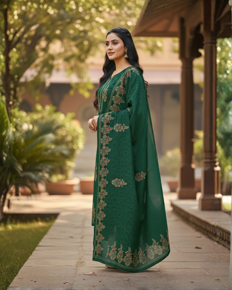 KRITI Winter Woolen Unstitched Suit Green Color For Women