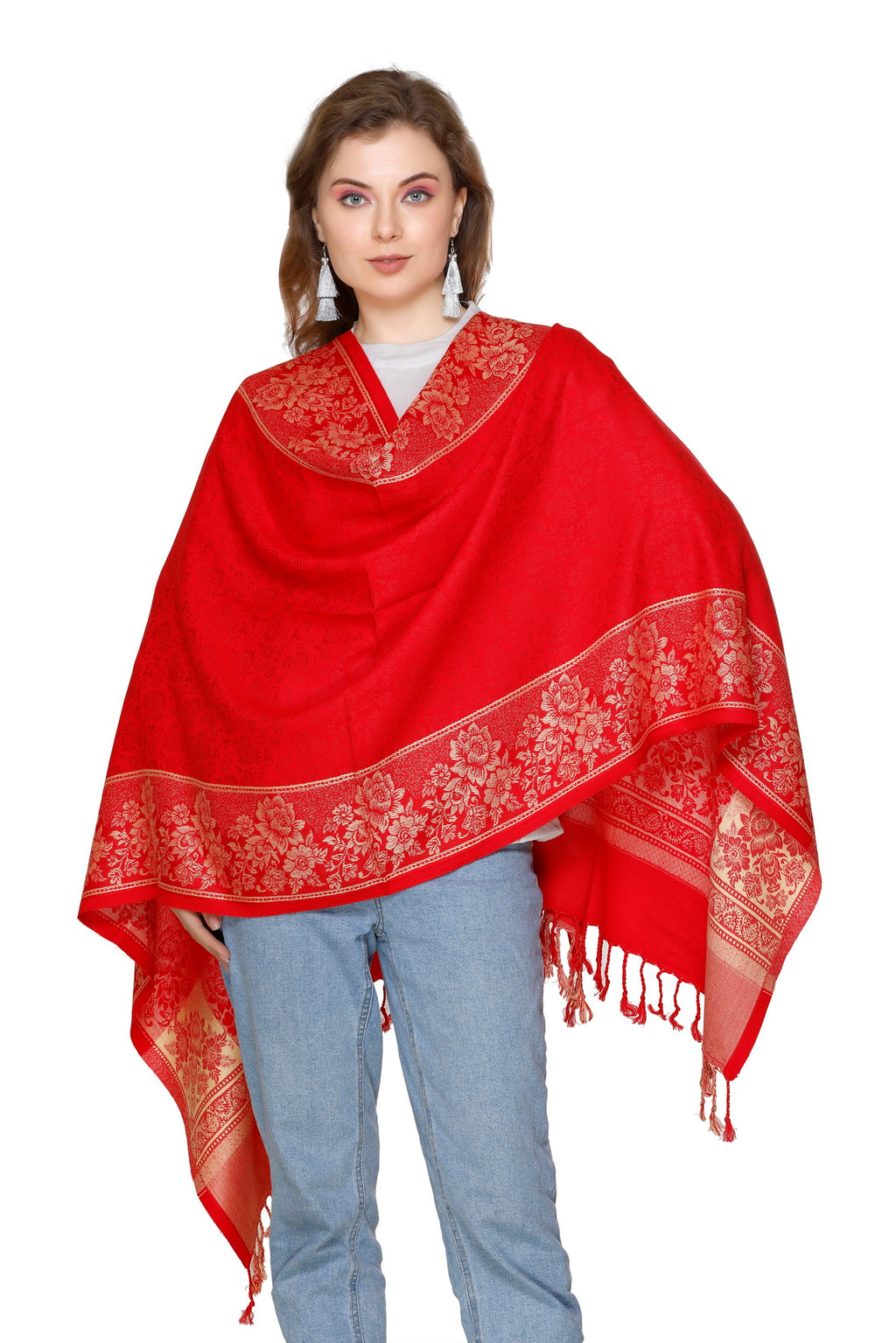KRITI Floral Border Woollen Red Color Stole For Girl