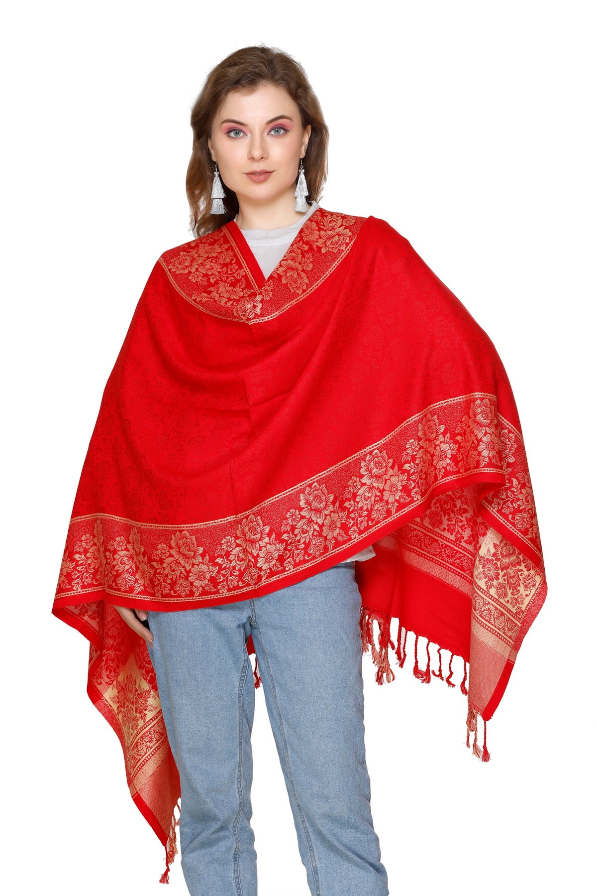 KRITI Floral Border Woollen Red Color Stole For Girl