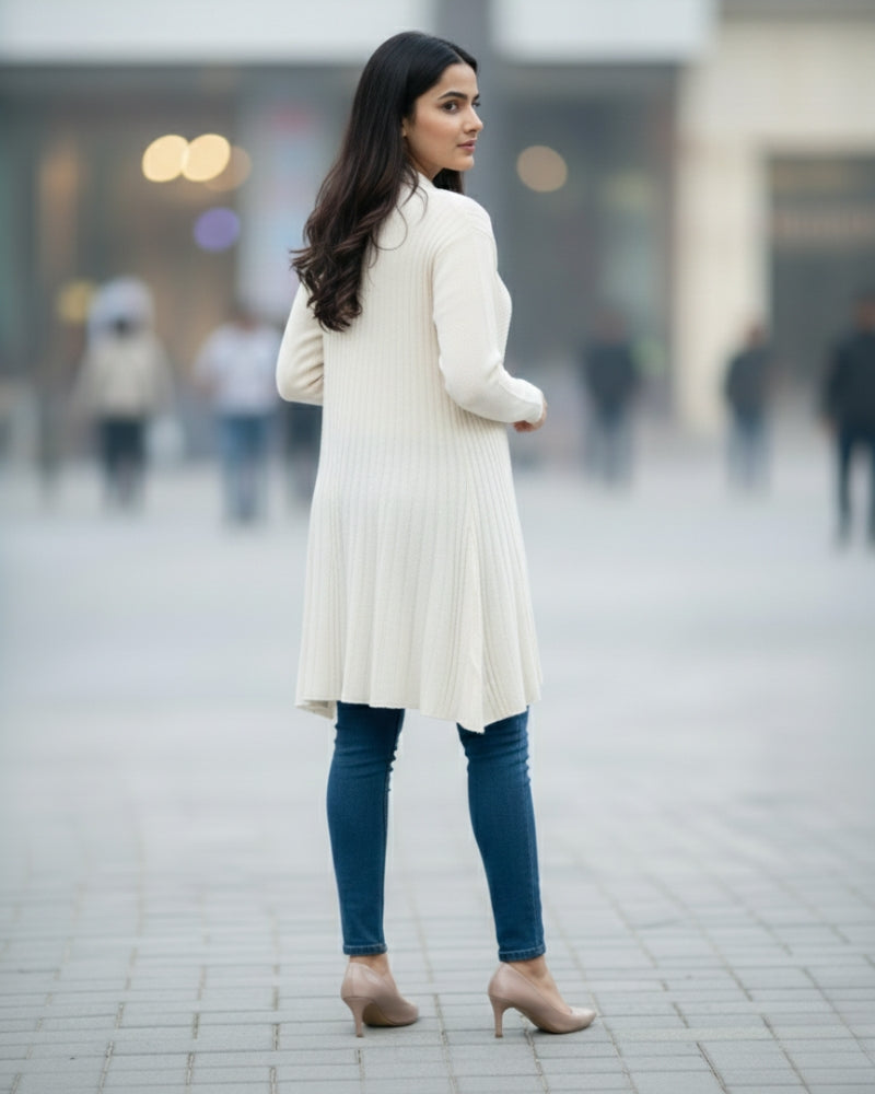 Winter Woolen Long Knitted Shrug - White