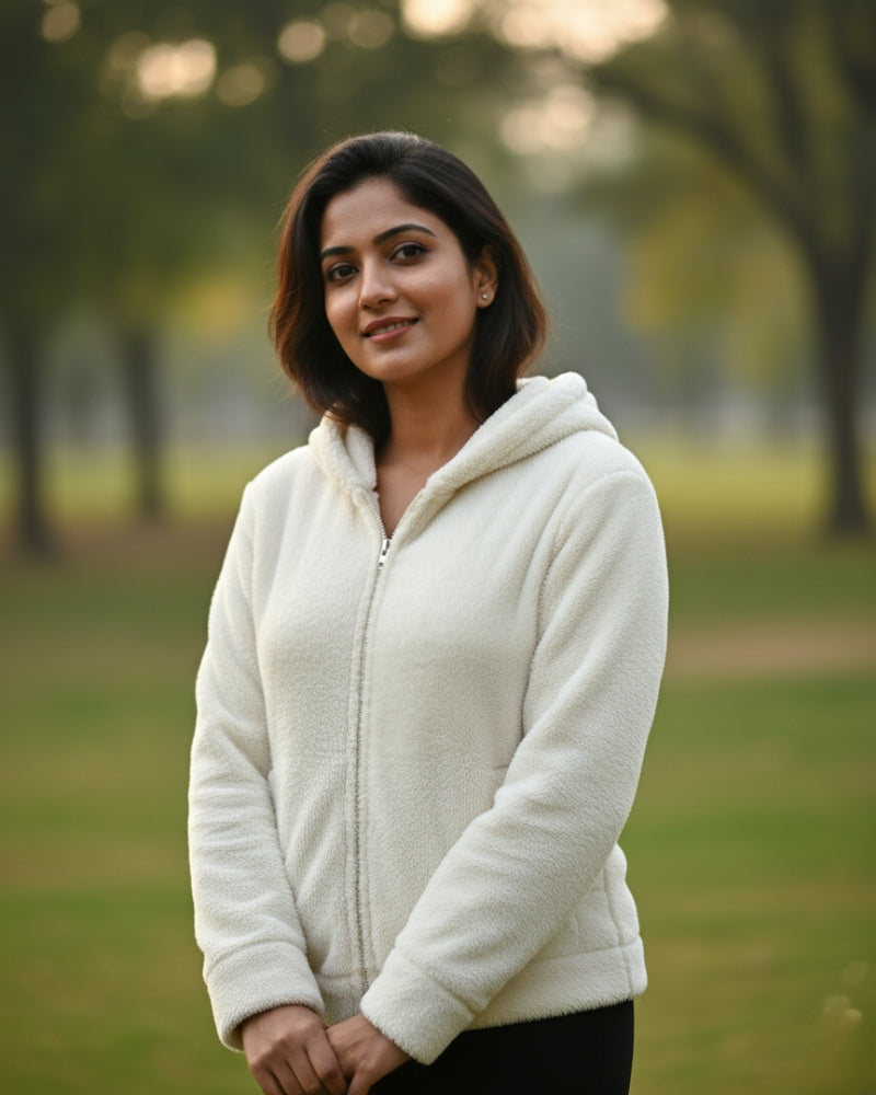 Woolen Blend Warm Hooded Sweatshirt - White
