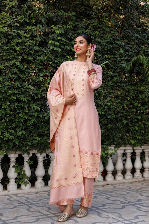 Cotton Silk Collar Pant Unstitched Suit 3 Pcs- Peach