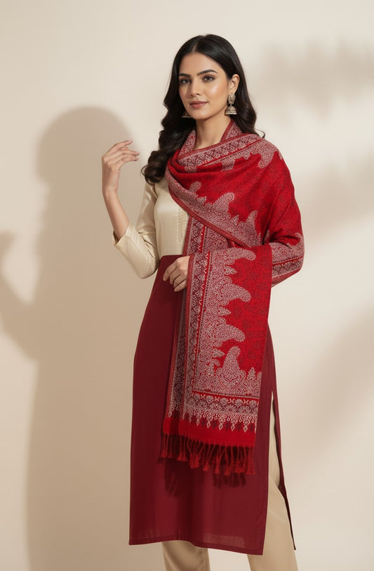 KRITI Paisley Pattern Woolen Red Color Stole For Girl
