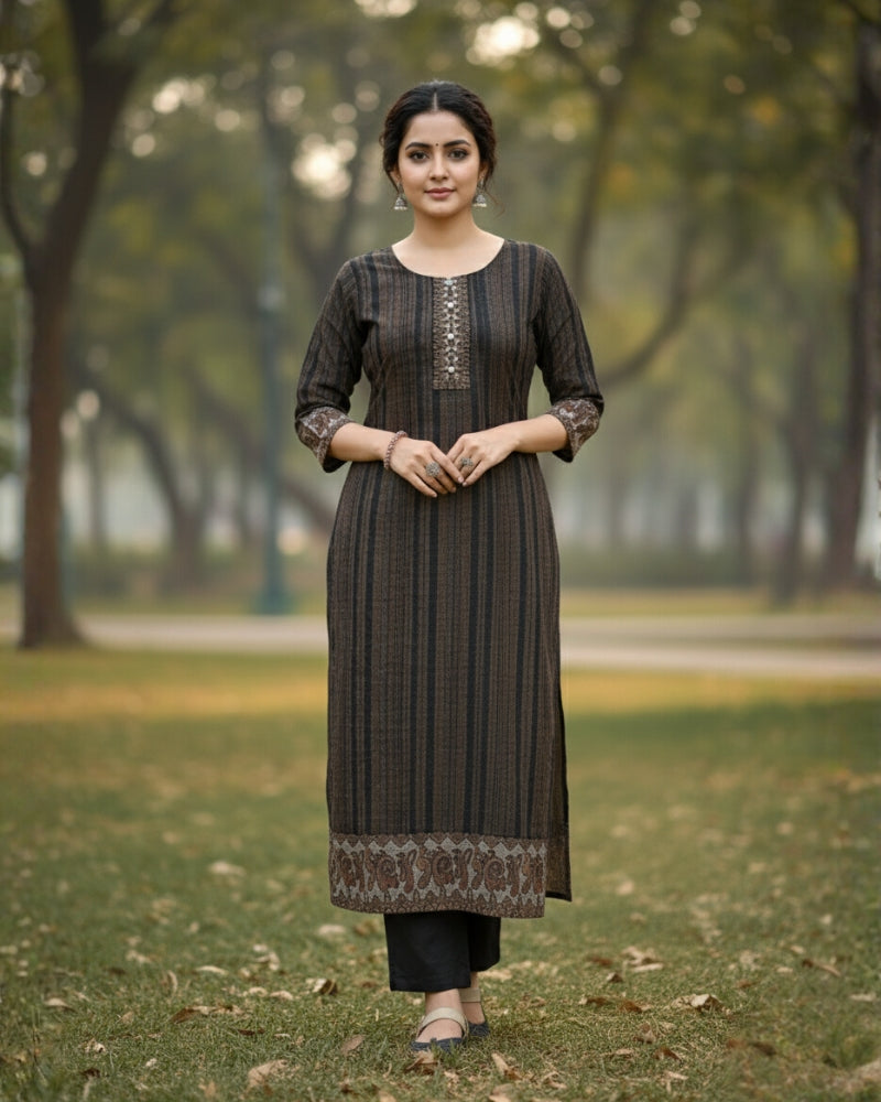 KRITI Winter Woolen Digital Print Stitched Suit Black Color For Women