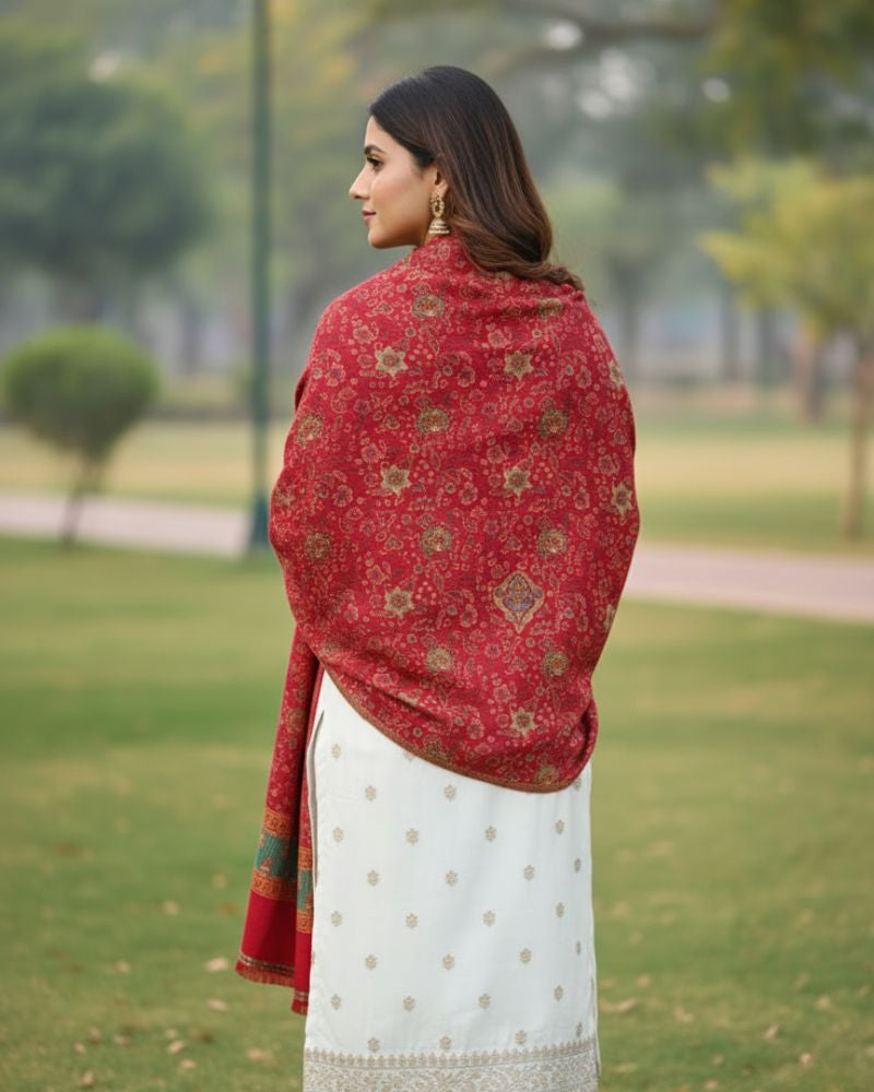 KRITI Floral Design Warm Woolen Maroon Color Shawl for Women