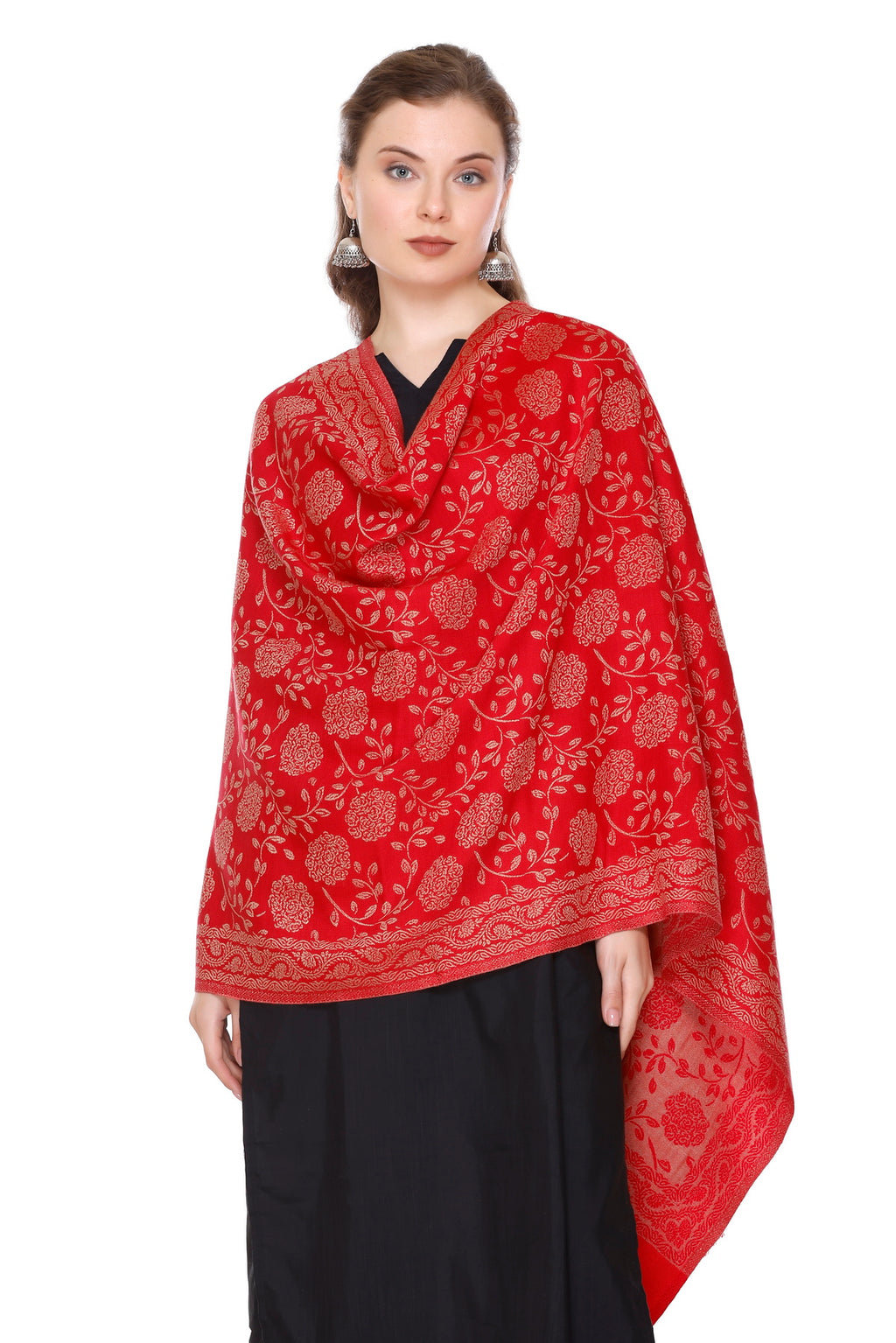 Floral Pattern Woollen Winter Stole - Red