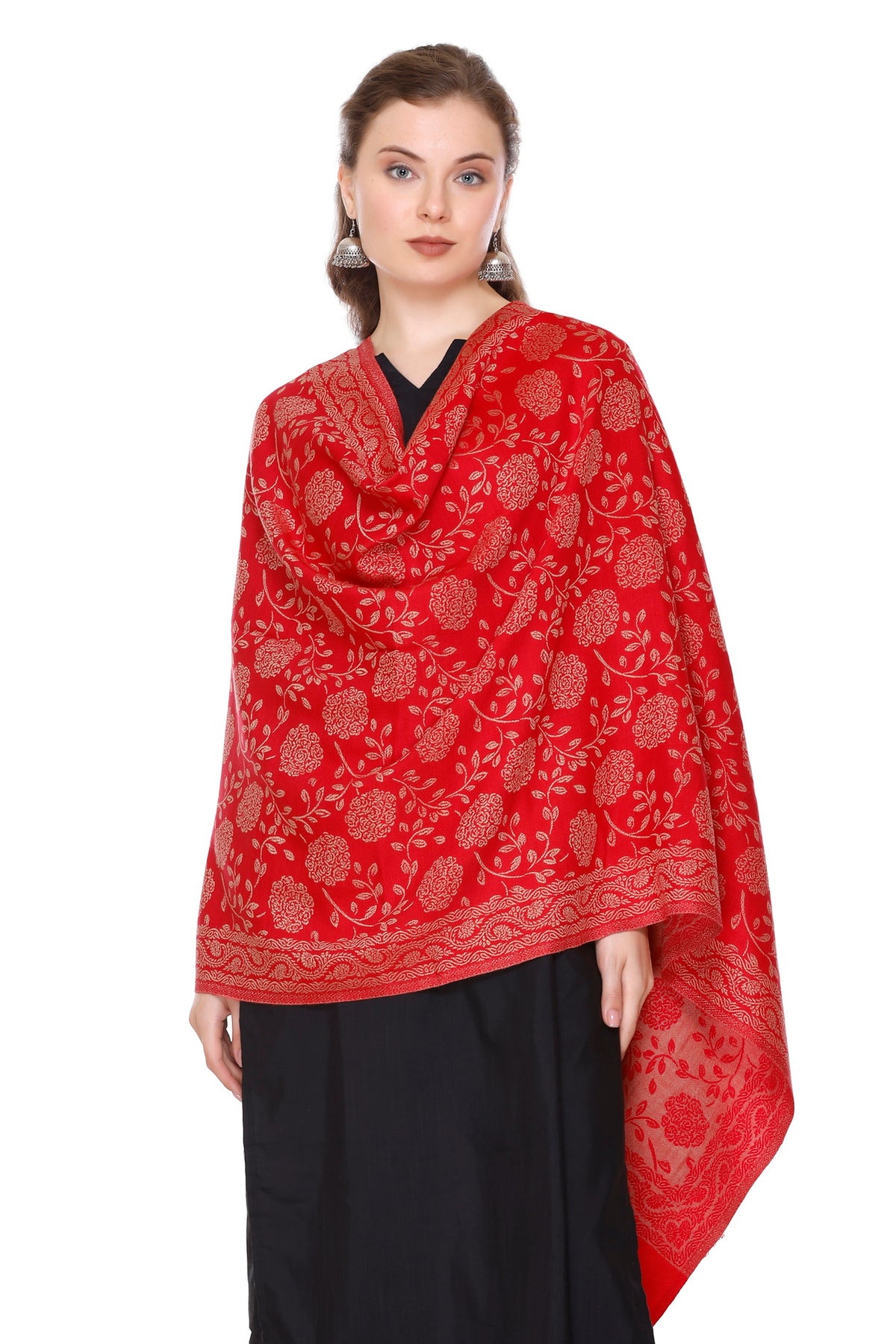 Floral Pattern Woollen Winter Stole - Red