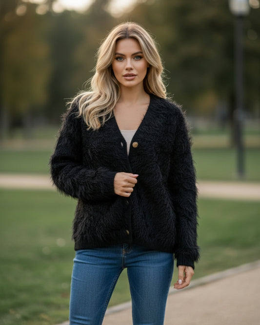 Women's Open Front Woolen Fluffy Top | Black Oversized Fuzzy Shaggy Top | Long Sleeve & Loose Fit
