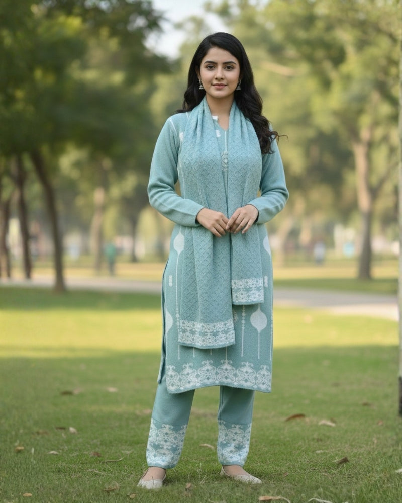 KRITI Wool Blend 3-Piece Embroidered  Kurti Set for Women | Warm Knitted Kurti Lower & Stole Dupatta | Winter Indian Ethnic Wear Suit | M to XXL |