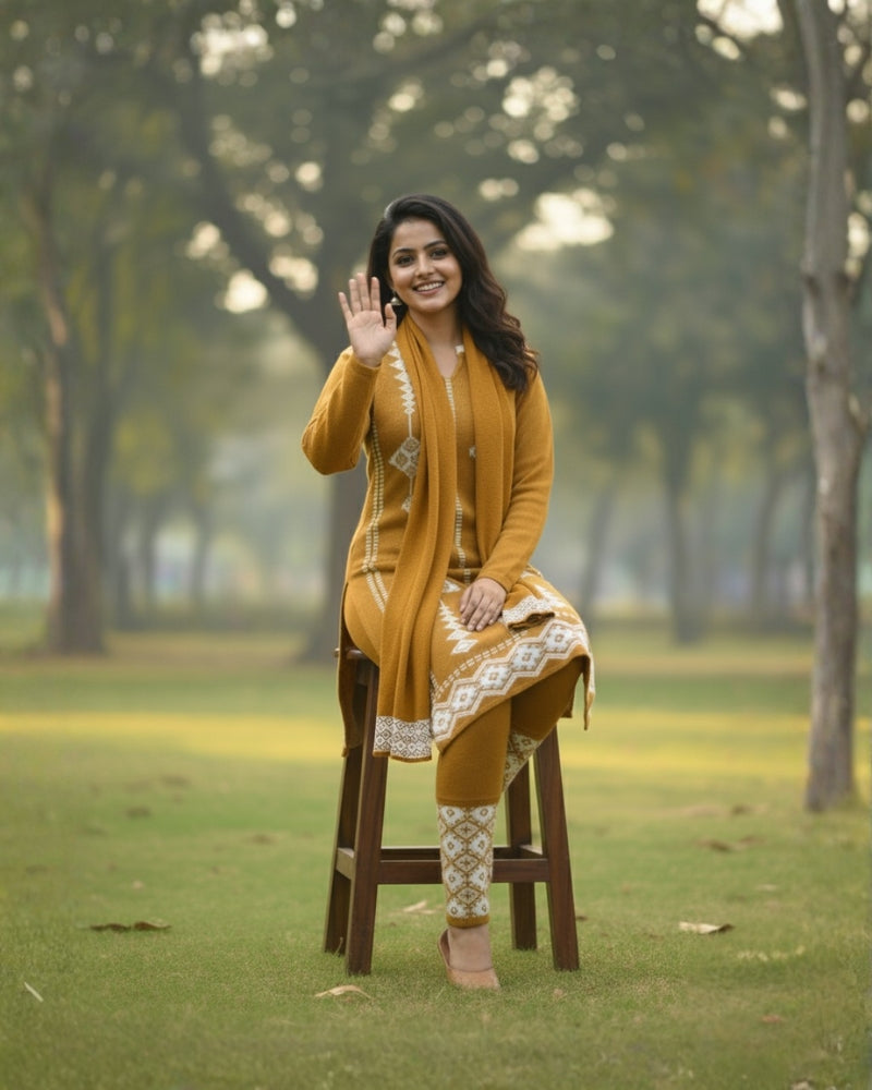 प्रीमियम 3-पीस ऊनी विंटर कुर्ती सेट | बॉटम और स्टोल के साथ बुना हुआ कुर्ता | M-XXL साइज़