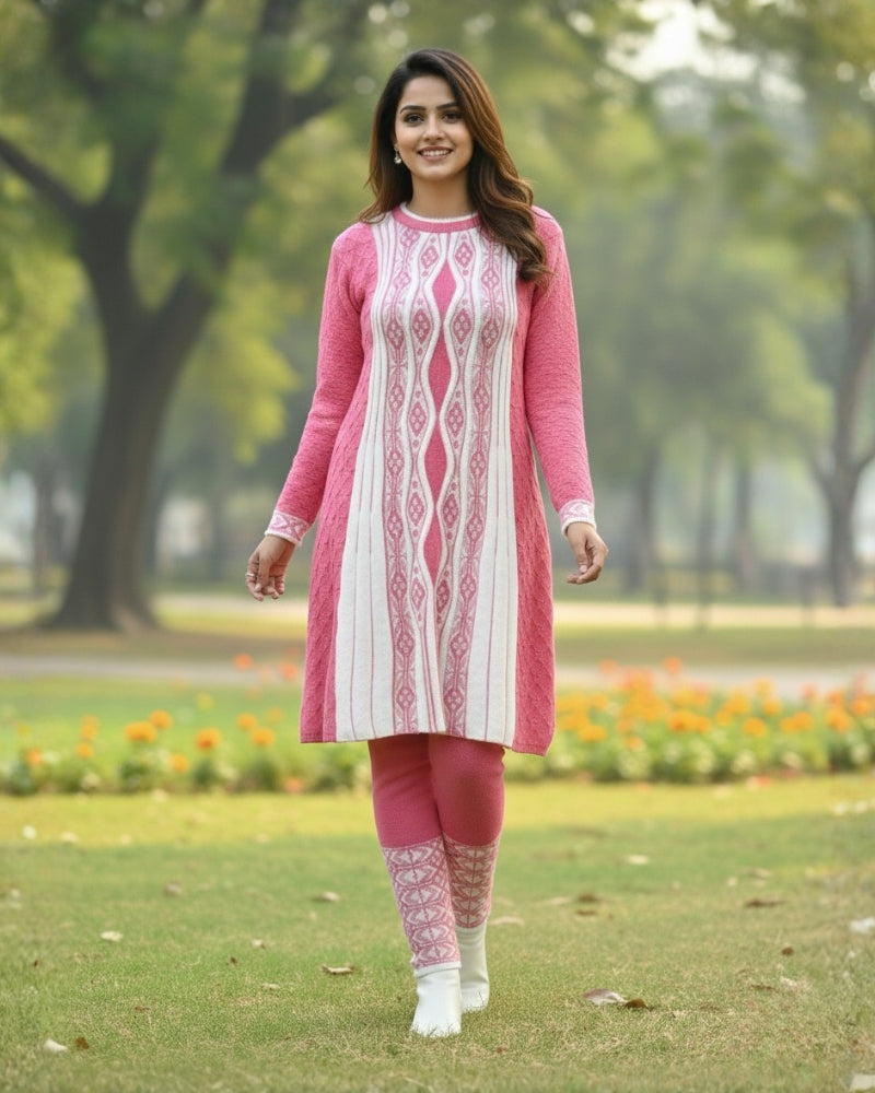 Full Sleeve Knee Length Hair Wool Fabric Pink Color 3 PC Kurti Set For Women