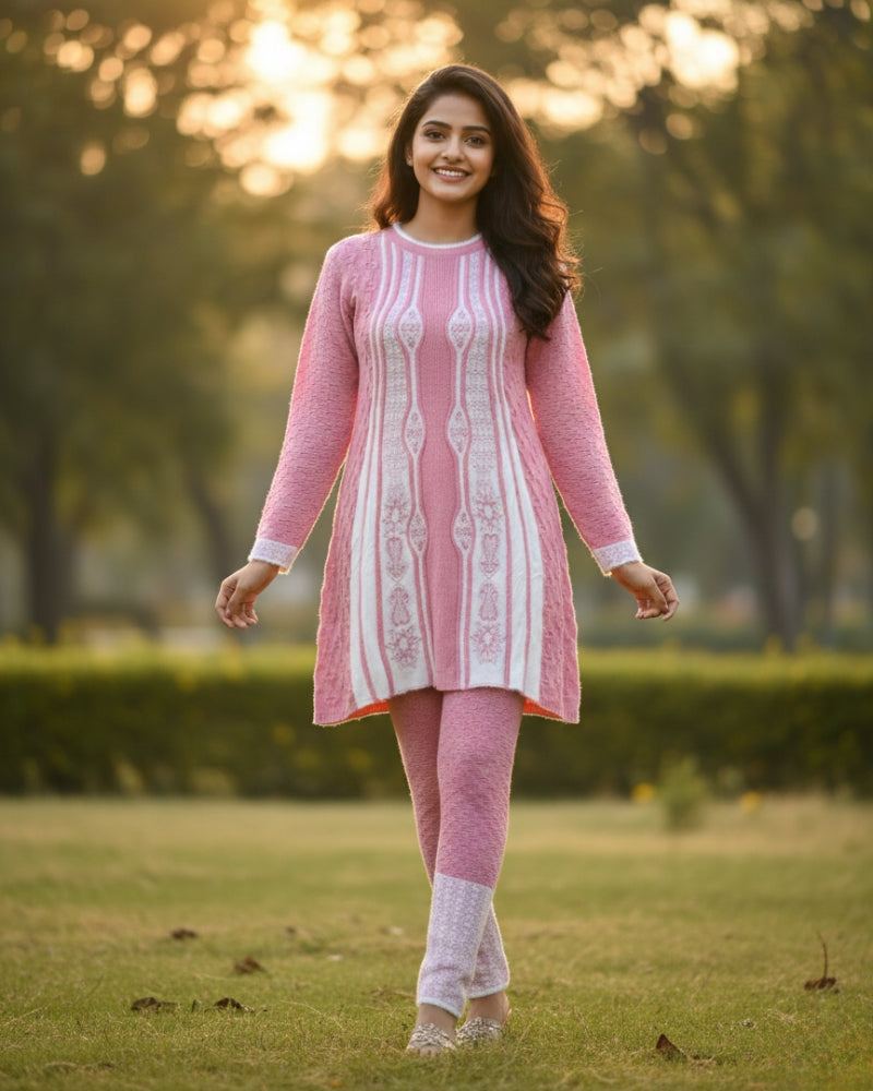 Full Sleeve Knee Length Woolen Fabric Peach Color 3 PC Kurti Set For Women