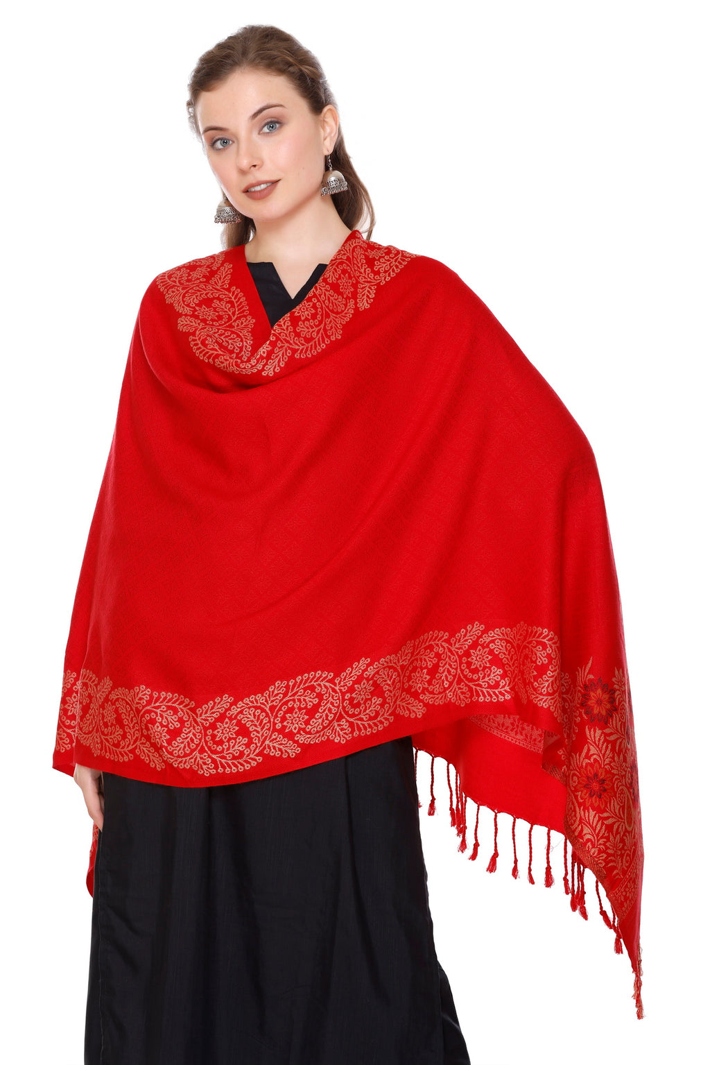Floral Border Woollen Stole - Red