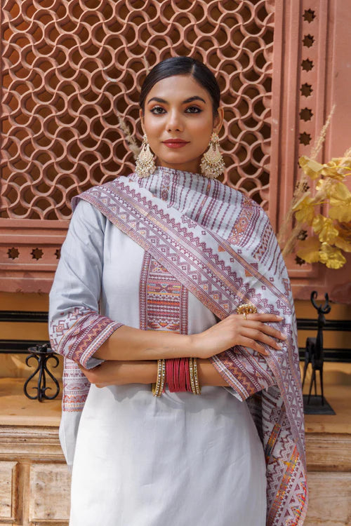 Cotton Silk Pant Suit 3 Pcs- Light Grey