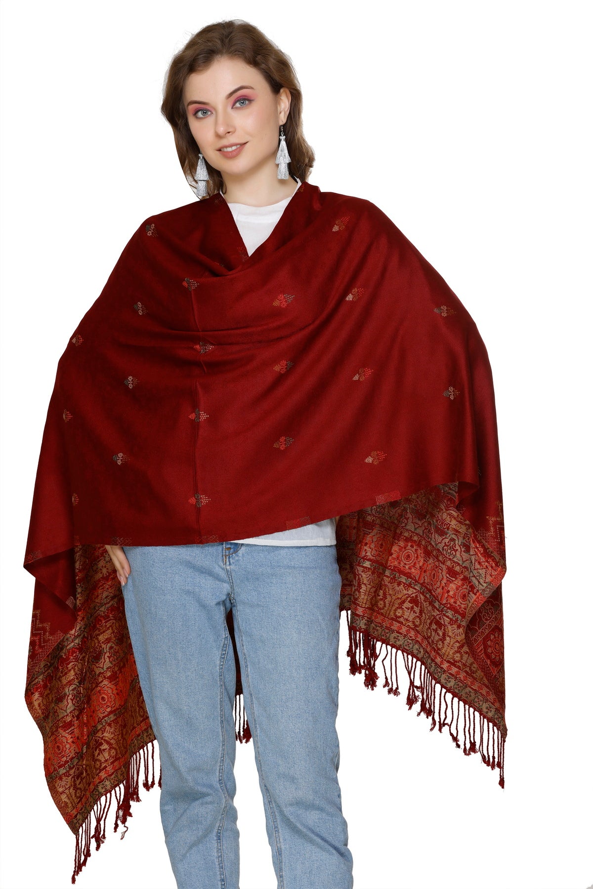 Jacquard Design Woollen Stole - Maroon