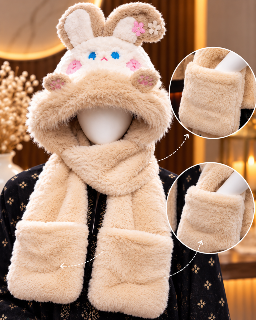 Faux Fur Teddy Bear Hooded Cap with Neck Warmer - Mouse