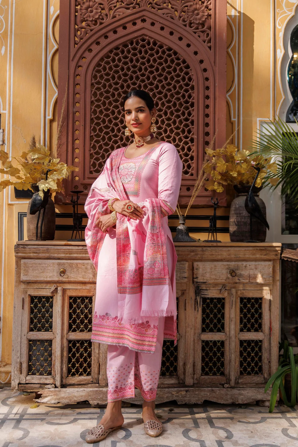 Cotton Silk Pant Suit 3 Pcs- Pink