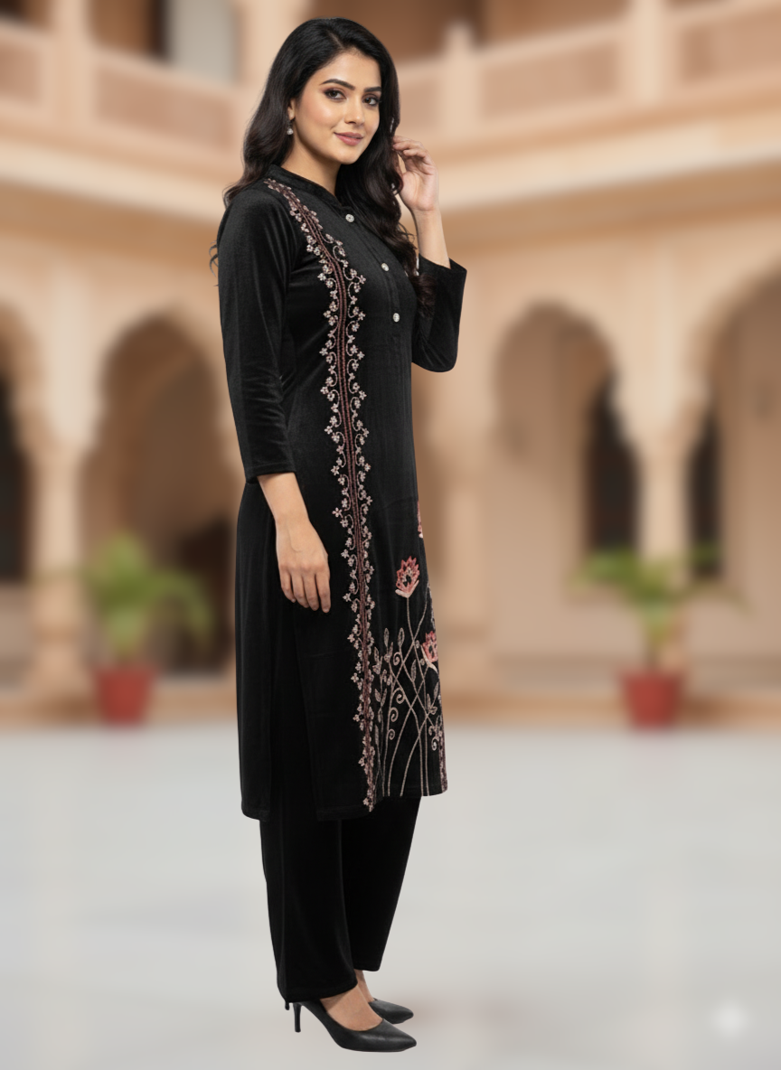 KRITI Winter Velvet 3 Piece Kurti Set Black Color For Women