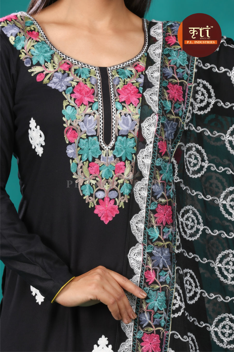Floral Embroidery Rayon Cotton 3 Pcs Suit- Black