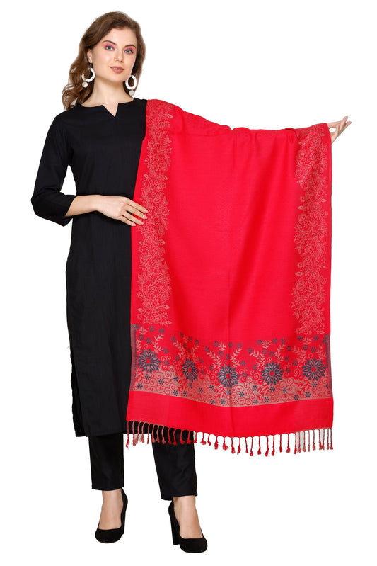 KRITI Fashion Floral Border Woollen Red Color Stole For Girl