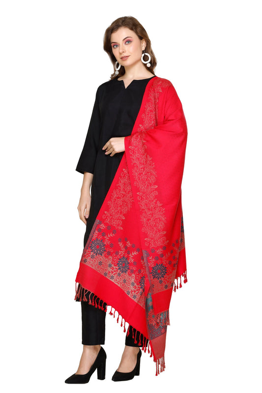 KRITI Fashion Floral Border Woollen Red Color Stole For Girl