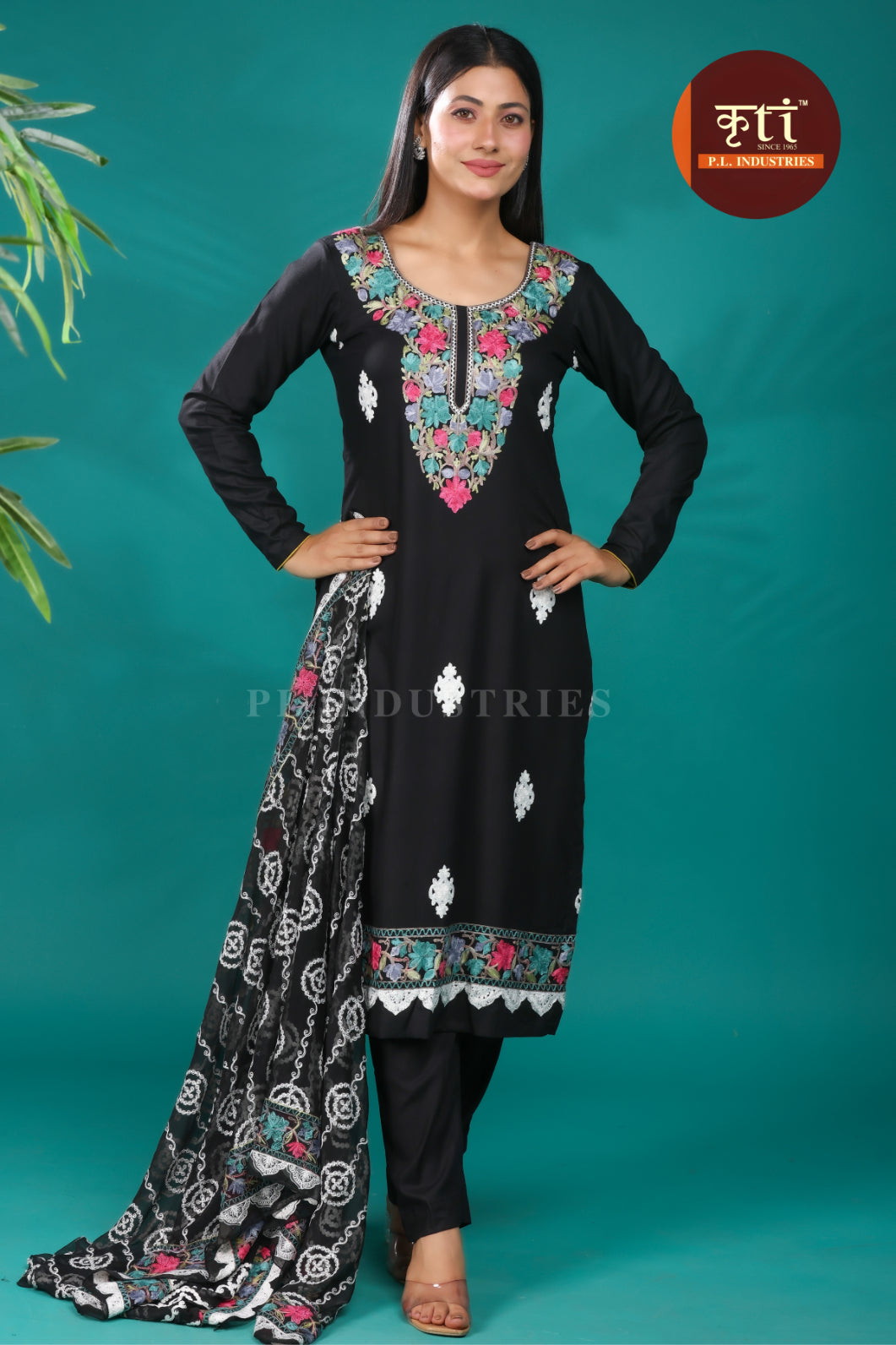 Floral Embroidery Rayon Cotton 3 Pcs Suit- Black