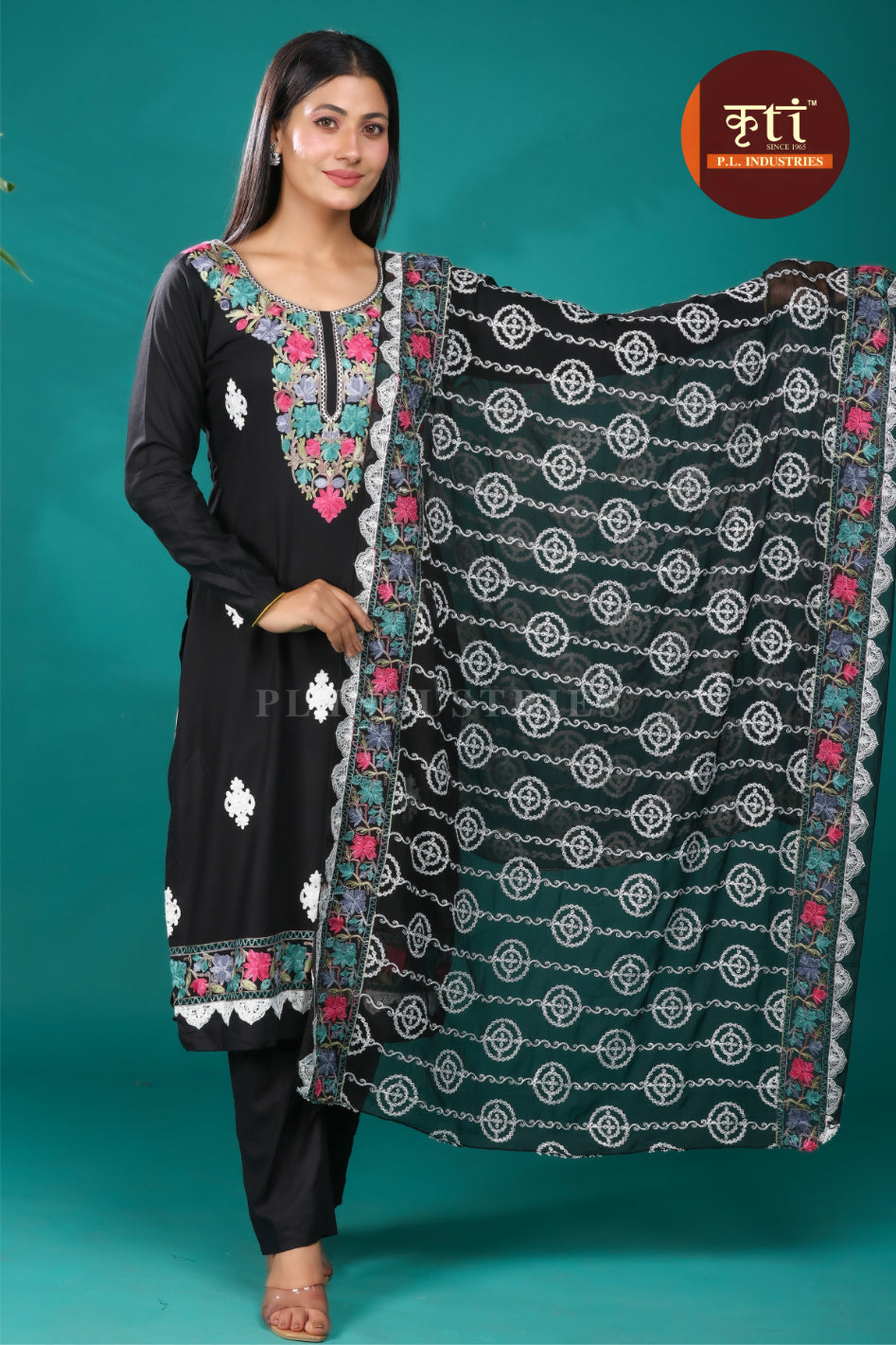 Floral Embroidery Rayon Cotton 3 Pcs Suit- Black