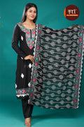 Floral Embroidery Rayon Cotton 3 Pcs Suit- Black