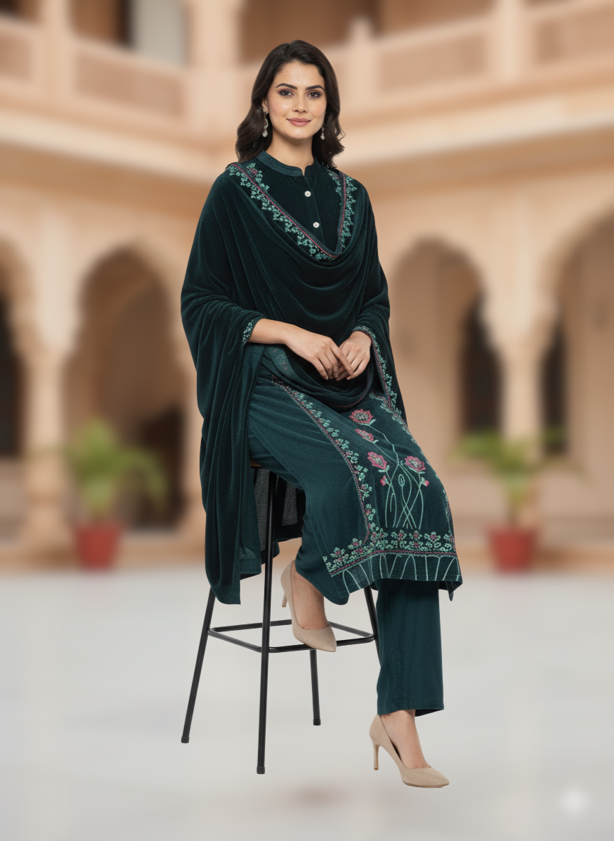 KRITI विंटर वेलवेट 3 पीस कढ़ाई कुर्ती सेट टील रंग महिलाओं के लिए