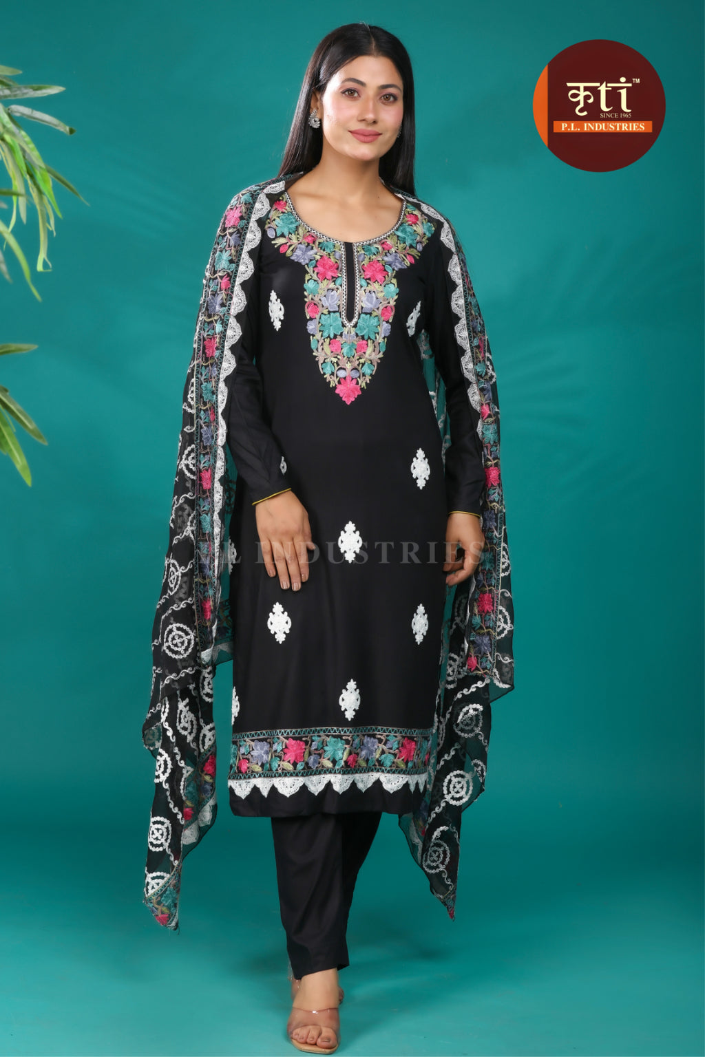Floral Embroidery Rayon Cotton 3 Pcs Suit- Black