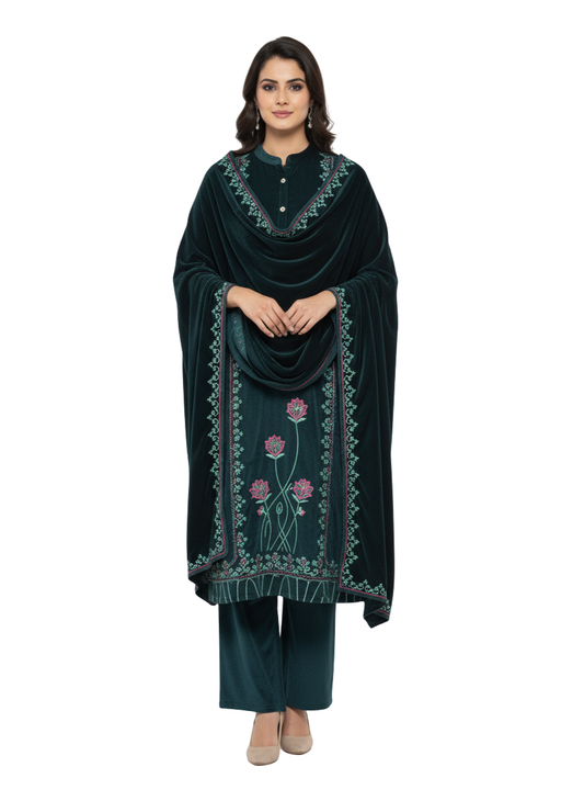 KRITI विंटर वेलवेट 3 पीस कढ़ाई कुर्ती सेट टील रंग महिलाओं के लिए