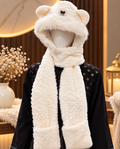 Faux Fur Teddy Bear Hooded Cap with Neck Warmer - White