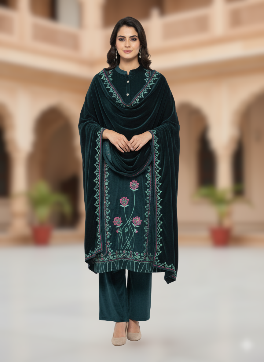 KRITI विंटर वेलवेट 3 पीस कढ़ाई कुर्ती सेट टील रंग महिलाओं के लिए