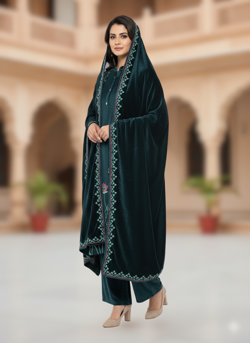 KRITI विंटर वेलवेट 3 पीस कढ़ाई कुर्ती सेट टील रंग महिलाओं के लिए