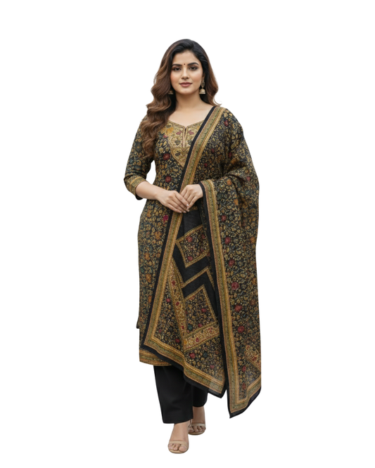 KRITI महिलाओं के लिए फ्लोरल डिज़ाइन ऊनी काले सरसों के रंग का अनस्टिच्ड फ़ैब्रिक सूट सेट विंटरवियर 