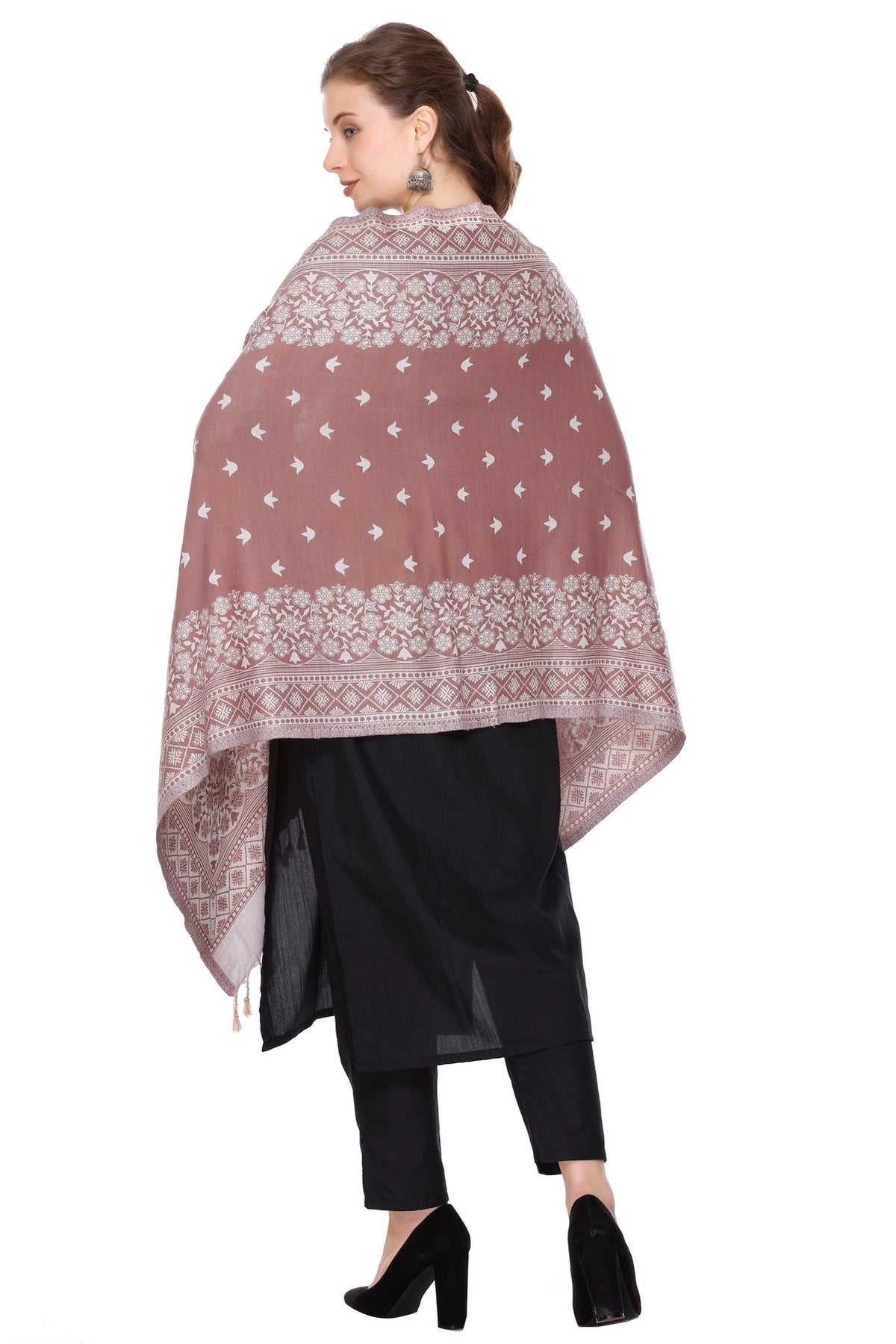 Floral Designer Woollen Stole - Brown