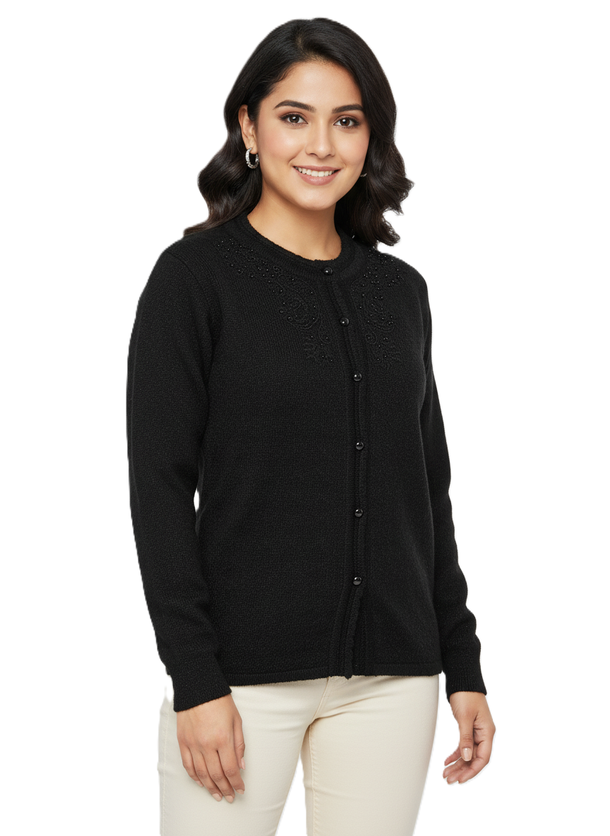 Winter Rainbow Embroidery Cardigan - Black